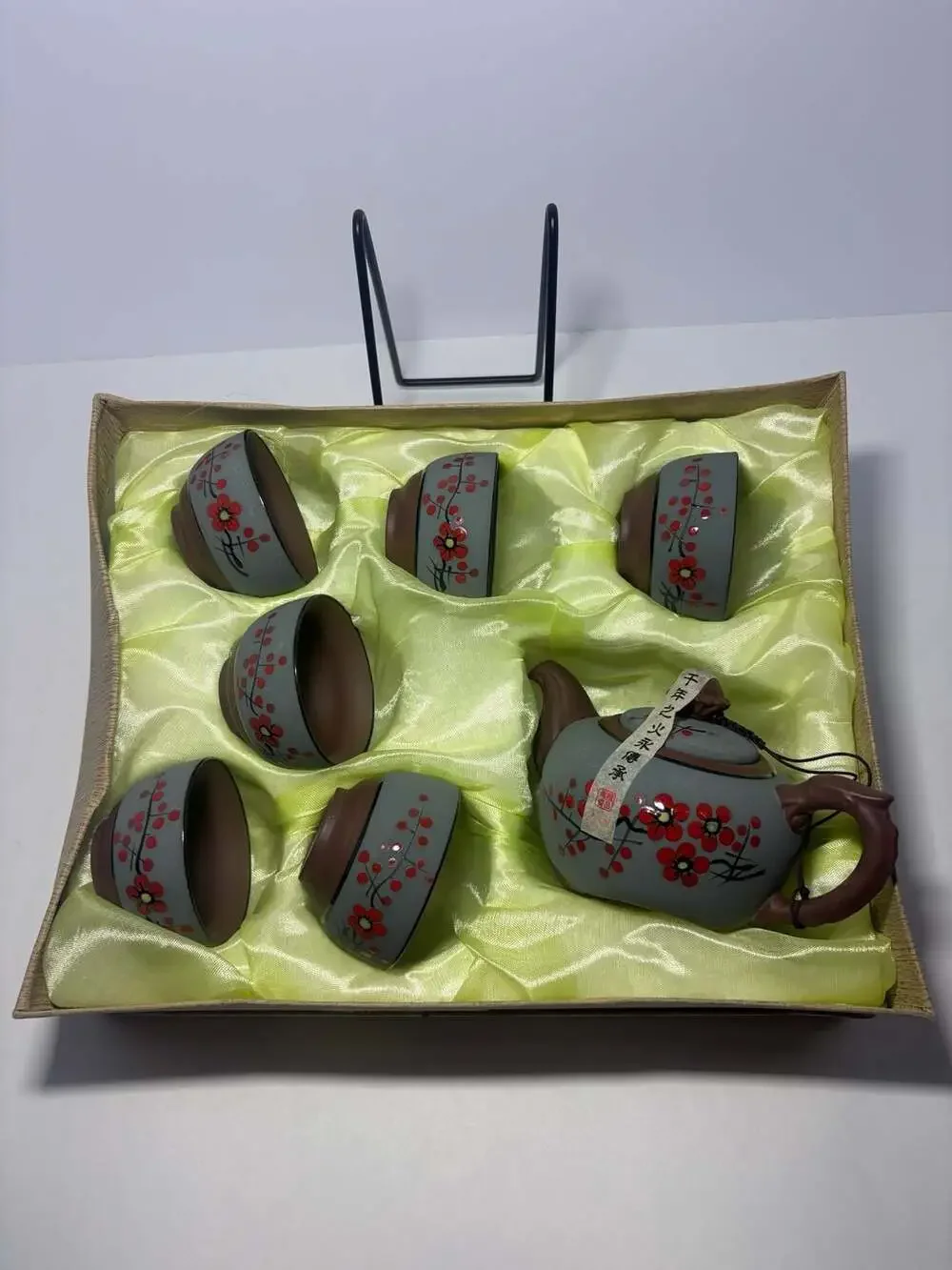Chinese Zisha Clay Teapot and 6 Tea Cups Set with Red Plum Blossom Floral Design
